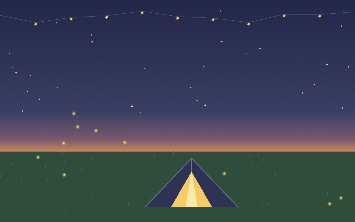 Caderno de bordo aberto com desenho infantil de barraca e estrelas ao lado do saco da barraca dobrado