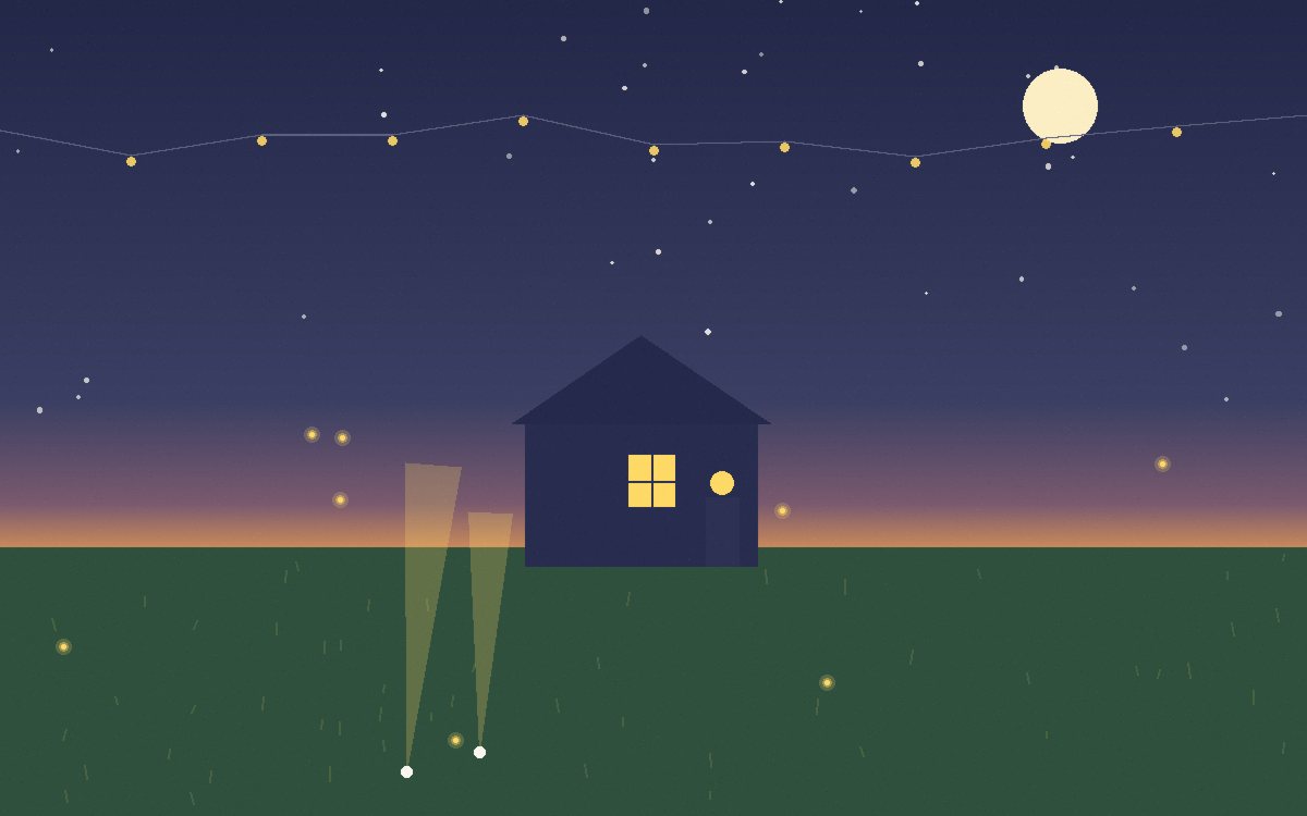 A tent glowing faintly at night with the lit house door a few steps away across the lawn